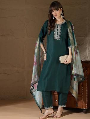 Floral embroidered cotton round neck kurta trosuer & dupatta set 1