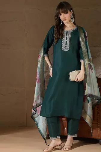 Floral embroidered cotton round neck kurta trosuer & dupatta set