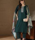 Floral embroidered cotton round neck kurta trosuer & dupatta set