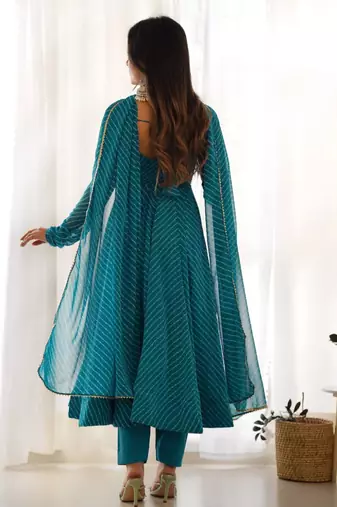 Rama green color leheriya print faux georgette anarkali set full stitched.
