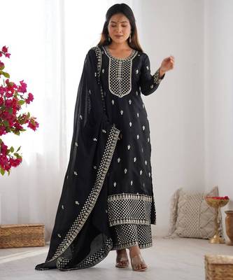Black color vichitra silk zari sequence embroidered work anarkali set full stitched 1