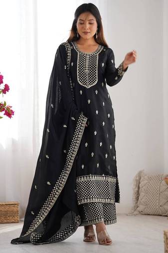 Black color vichitra silk zari sequence embroidered work anarkali set full stitched.