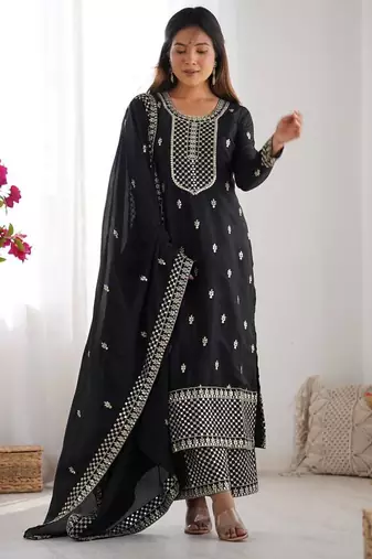 Black color vichitra silk zari sequence embroidered work anarkali set full stitched.