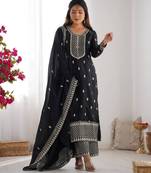 Black color vichitra silk zari sequence embroidered work anarkali set full stitched.