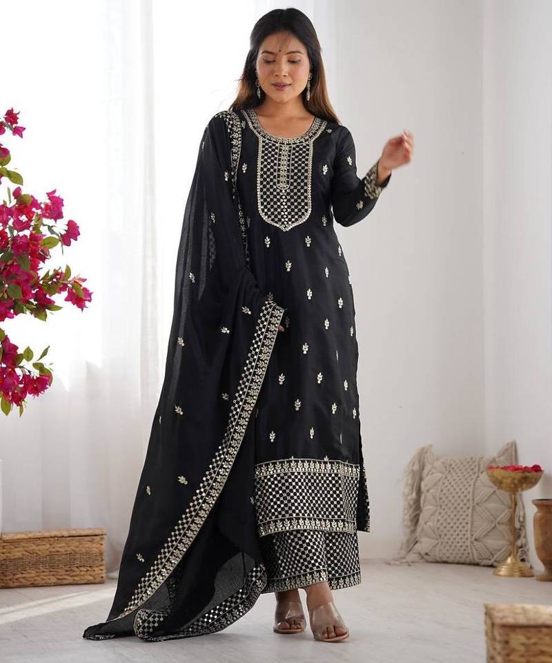 Black color vichitra silk zari sequence embroidered work anarkali set full stitched.
