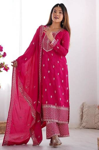 Pnk color vichitra silk zari sequence embroidered work anarkali set full stitched.