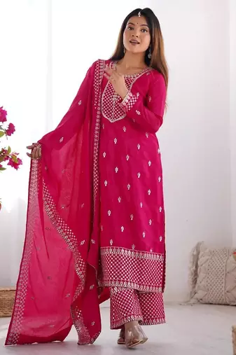 Pnk color vichitra silk zari sequence embroidered work anarkali set full stitched.