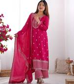 Pnk color vichitra silk zari sequence embroidered work anarkali set full stitched.