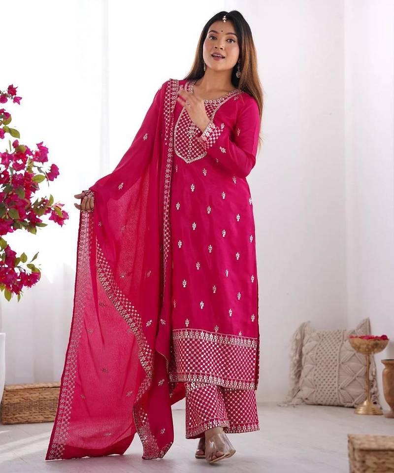 Pnk color vichitra silk zari sequence embroidered work anarkali set full stitched.