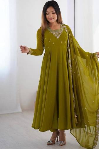 Mehendi color faux georgette beads & zari embroiderred work anarkali set full stitched.