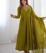 Mehendi color faux georgette beads & zari embroiderred work anarkali set full stitched.