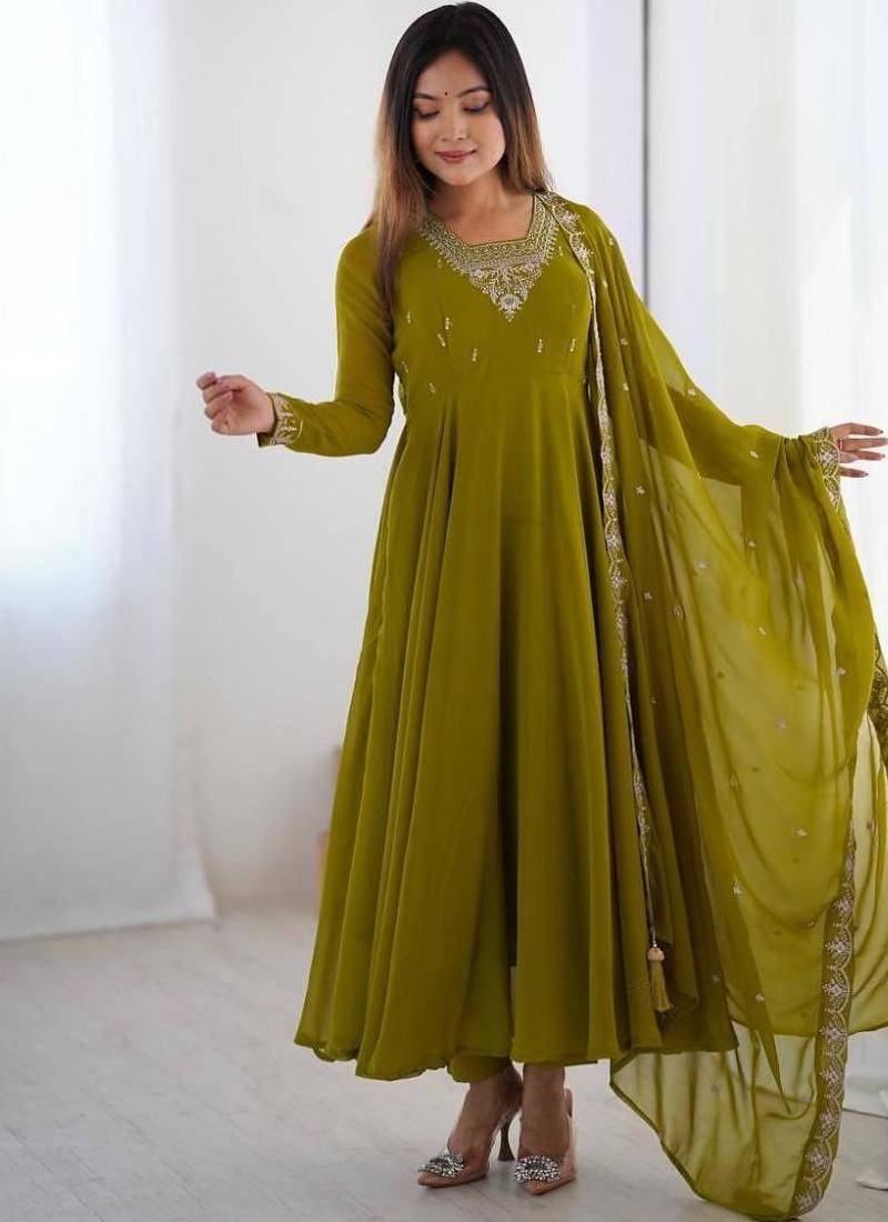 Mehendi color faux georgette beads & zari embroiderred work anarkali set full stitched.