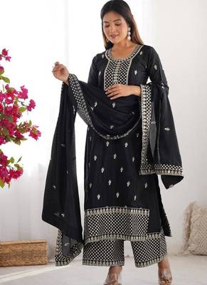 Black color vichitra silk zari sequence embroidered work anarkali set full stitched 2