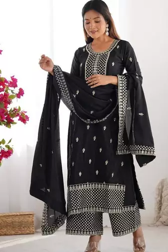Black color vichitra silk zari sequence embroidered work anarkali set full stitched.
