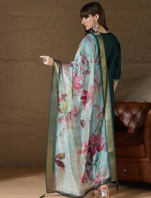 Floral embroidered cotton round neck kurta trosuer & dupatta set 2