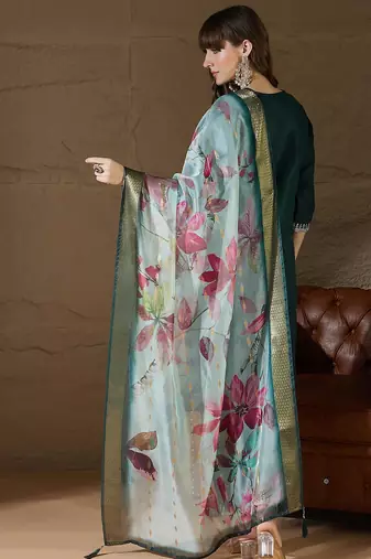 Floral embroidered cotton round neck kurta trosuer & dupatta set