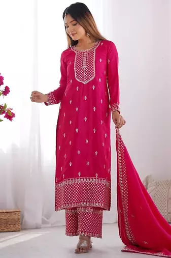 Pnk color vichitra silk zari sequence embroidered work anarkali set full stitched.
