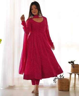 Pink color leheriya print faux georgette anarkali set full stitched 2