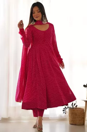 Pink color leheriya print faux georgette anarkali set full stitched.