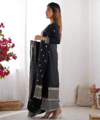 Black color vichitra silk zari sequence embroidered work anarkali set full stitched 3