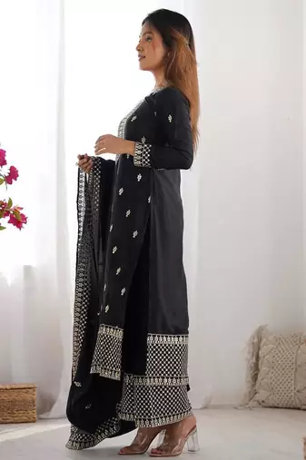 Black color vichitra silk zari sequence embroidered work anarkali set full stitched.