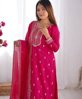 Pnk vichitra silk zari sequence embroidered work anarkali set full stitched 3