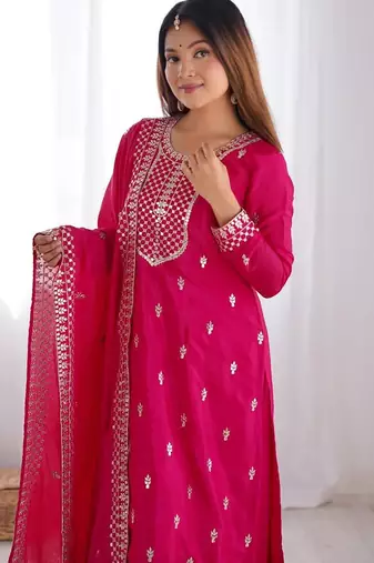 Pnk color vichitra silk zari sequence embroidered work anarkali set full stitched.