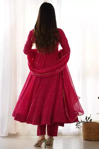 Pink color leheriya print faux georgette anarkali set full stitched.