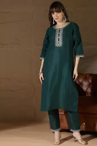Floral embroidered cotton round neck kurta trosuer & dupatta set