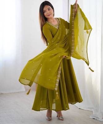 Mehendi color faux georgette beads & zari embroiderred work anarkali set full stitched 3