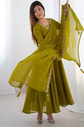 Mehendi color faux georgette beads & zari embroiderred work anarkali set full stitched.