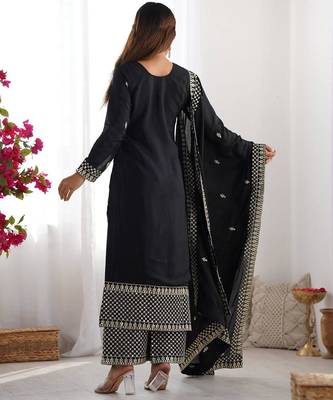 Black color vichitra silk zari sequence embroidered work anarkali set full stitched 4