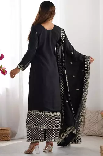 Black color vichitra silk zari sequence embroidered work anarkali set full stitched.