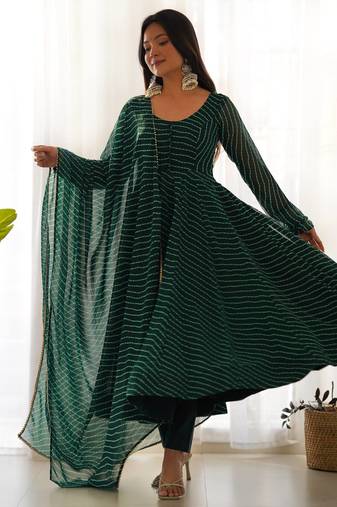 Green color leheriya print faux georgette anarkali set full stitched.