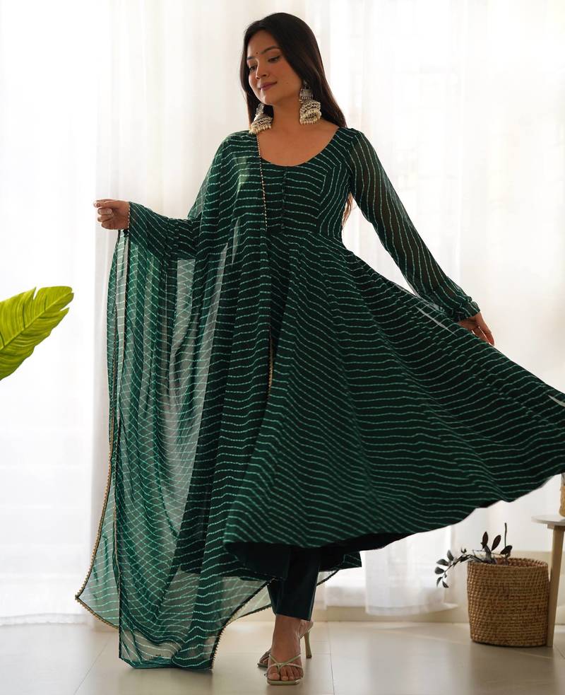Green color leheriya print faux georgette anarkali set full stitched.