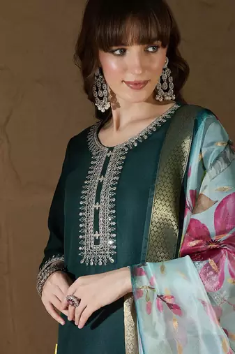Floral embroidered cotton round neck kurta trosuer & dupatta set
