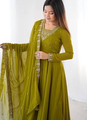 Mehendi color faux georgette beads & zari embroiderred work anarkali set full stitched 4
