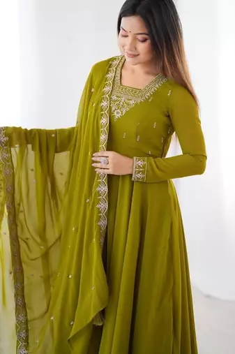 Mehendi color faux georgette beads & zari embroiderred work anarkali set full stitched.