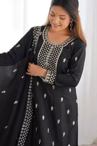 Black color vichitra silk zari sequence embroidered work anarkali set full stitched.