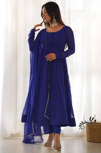 Blue color leheriya print faux georgette anarkali set full stitched.