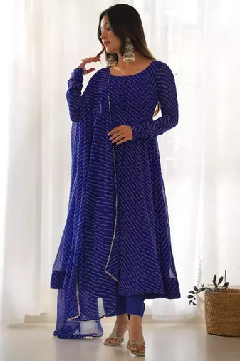 Blue color leheriya print faux georgette anarkali set full stitched.