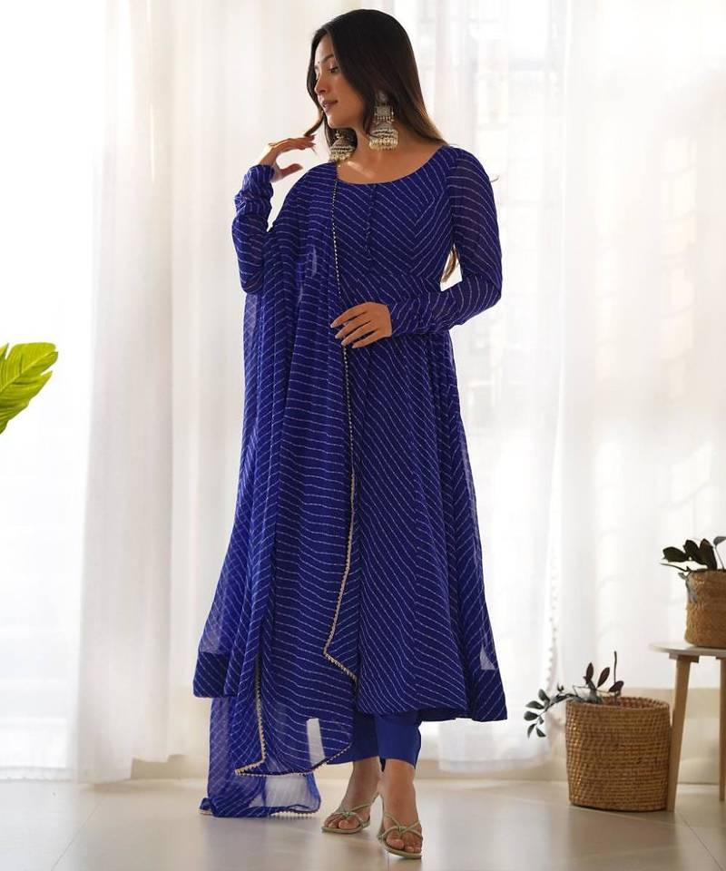 Blue color leheriya print faux georgette anarkali set full stitched.