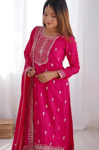 Pnk color vichitra silk zari sequence embroidered work anarkali set full stitched.