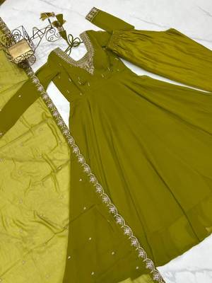 Mehendi color faux georgette beads & zari embroiderred work anarkali set full stitched 5