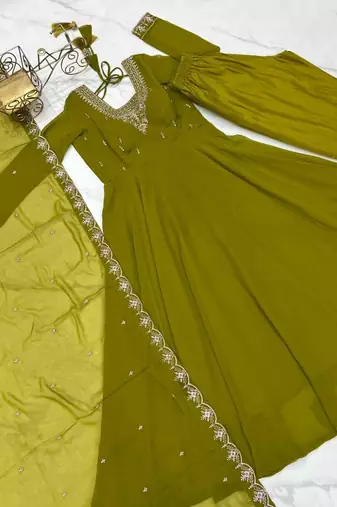 Mehendi color faux georgette beads & zari embroiderred work anarkali set full stitched.