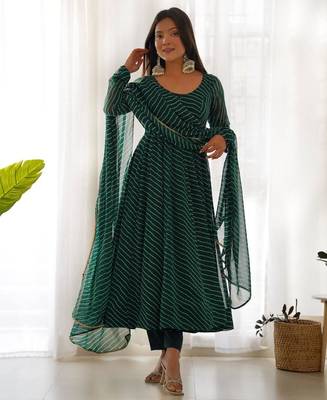 Green color leheriya print faux georgette anarkali set full stitched 2