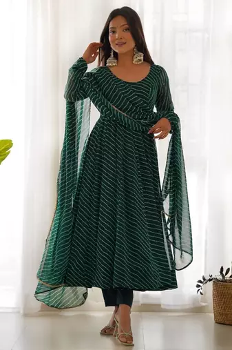 Green color leheriya print faux georgette anarkali set full stitched.