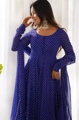 Blue color leheriya print faux georgette anarkali set full stitched.