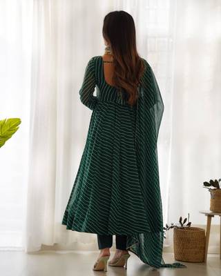 Green color leheriya print faux georgette anarkali set full stitched 3