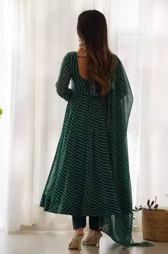 Green color leheriya print faux georgette anarkali set full stitched.